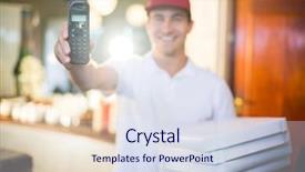  Presentation with man holding phone - Colorful slide set enhanced with pizza delivery man in restaurant backdrop and a sky blue colored foreground