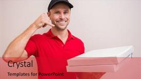 Presentation with pizza delivery - PPT theme enhanced with pizza delivery man making phone background and a  colored foreground