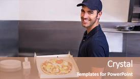  Presentation with pizza delivery - PPT layouts with pizza delivery man showing box background and a coral colored foreground