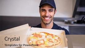 Presentation with pizza delivery - PPT theme having pizza delivery man showing box in commercial kitchen background and a lemonade colored foreground