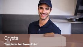  Presentation with pizza delivery - Slides enhanced with pizza delivery man showing box in commercial kitchen background and a violet colored foreground