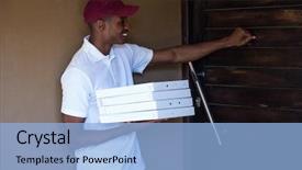  Presentation with pizza delivery - Audience pleasing presentation theme consisting of pizza delivery man with pizzas backdrop and a light blue colored foreground