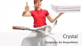  Presentation with pizza delivery - Slides featuring pizza delivery woman background and a  colored foreground