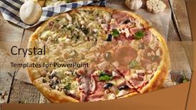  Presentation with mushrooms - Colorful theme enhanced with pizza in half with chicken backdrop and a gold colored foreground