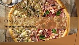  Presentation with chicken little chicks - Beautiful presentation featuring pizza in half with chicken and mushrooms on the other - ham and bacon with olives and fresh herbs on boards with vegetables backdrop and a gold colored foreground