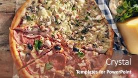  Presentation with bacon - Amazing presentation design having pizza in half with chicken and mushrooms on the other - ham and bacon with olives and fresh herbs on boards with vegetables backdrop and a tawny brown colored foreground