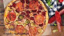  Presentation with pizza - Theme enhanced with pizza in half with salami background and a coral colored foreground