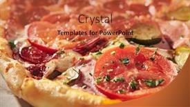  Presentation with cucumbers - Colorful presentation design enhanced with pizza in half with salami another - ham with pickled cucumbers and tomatoes sliced on wooden boards with vegetables backdrop and a red colored foreground