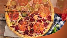  Presentation with cucumbers - PPT theme having pizza in half with salami another - ham with pickled cucumbers and tomatoes sliced on wooden boards with vegetables background and a red colored foreground