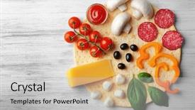  Presentation with pizza - Audience pleasing slides consisting of raw pizza ingredients on wooden background top view backdrop and a light gray colored foreground
