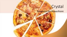  Presentation with sauce - Beautiful PPT theme featuring pizza made with salami mozzarella olives and tomato sauce isolated over white backdrop and a yellow colored foreground