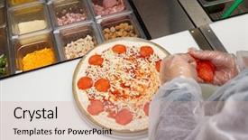  Presentation with commercial - Amazing slides having pizza maker at commercial kitchen backdrop and a soft green colored foreground