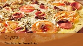  Presentation with snack food - Amazing slide deck having pizza-on-wooden-table-side backdrop and a red colored foreground