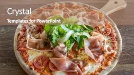  Presentation with rocket - Presentation theme enhanced with pizza parma ham and rocket salad on wooden table background and a coral colored foreground
