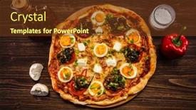  Presentation with pizza - Colorful presentation design enhanced with pizza-pepperoni-with-hard-boiled backdrop and a tawny brown colored foreground