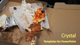  Presentation with think outside the box graphics - Slide deck having pizza remnants crust and crumbs background and a tawny brown colored foreground