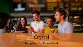  Presentation with pizzeria - Colorful presentation theme enhanced with diner - cheerful multiracial friends having fun backdrop and a gold colored foreground