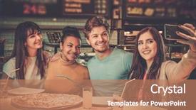  Presentation with pizzeria - Amazing PPT layouts having cheerful multiracial friends having fun eating in pizzeria backdrop and a coral colored foreground