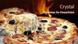  Presentation with pizza - Beautiful slides featuring pizza-slice-melted-cheese backdrop and a wine colored foreground
