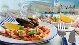  Presentation with wine green - Beautiful PPT layouts featuring pizza slice with seafood red pepper green olives and bottle of wine on wooden table backdrop and a light blue colored foreground