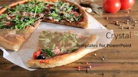  Presentation with pizza - Audience pleasing theme consisting of pizza-with-arugula-on-color backdrop and a coral colored foreground