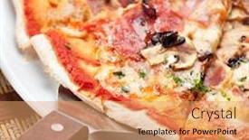  Presentation with barbecue - Colorful presentation theme enhanced with pizza-with-barbecue-chicken-sausage backdrop and a coral colored foreground