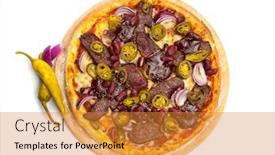  Presentation with white green - Cool new presentation theme with pizza-with-beef-fillet-slices backdrop and a gold colored foreground