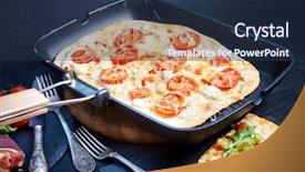  Presentation with chiken - Slide deck having pizza with chiken and tomatoes background and a tawny brown colored foreground