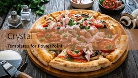  Presentation with farm to table leafy vegetables - Presentation theme consisting of pizza-with-cooked-ham-mozzarella background and a  colored foreground