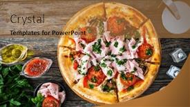  Presentation with leafy vegetables farm to table - Theme having pizza-with-cooked-ham-mozzarella background and a  colored foreground