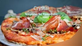  Presentation with mushrooms - Colorful theme enhanced with pizza with ham and mushrooms on dark background backdrop and a ocean colored foreground