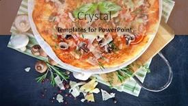  Presentation with mushrooms - Colorful PPT theme enhanced with pizza with ham and mushrooms on dark background backdrop and a coral colored foreground