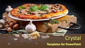  Presentation with mushrooms - Audience pleasing PPT layouts consisting of pizza with ham and mushrooms on dark background backdrop and a tawny brown colored foreground