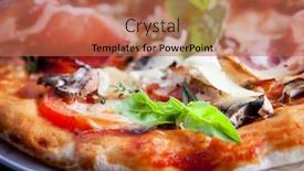  Presentation with pizza - PPT layouts enhanced with pizza with ham and mushrooms on dark background background and a red colored foreground