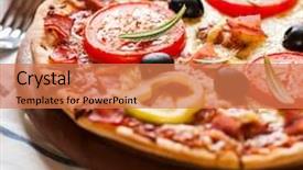  Presentation with jalapeno - Audience pleasing PPT theme consisting of pizza with ham mozzarella cheese juicy tomatoes jalapeno pepper black olives and fresh rosemary home made food symbolic image concept for a tasty and hearty meal selective focus close up backdrop and a coral colored foreground