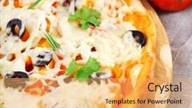  Presentation with self defense pepper spray - Audience pleasing theme consisting of pizza with ham pepper and olives over white backdrop and a yellow colored foreground