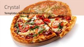  Presentation with pizza - Colorful slides enhanced with pizza-with-ham-rucola backdrop and a gold colored foreground