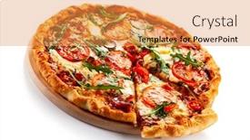  Presentation with pizza - Audience pleasing PPT theme consisting of pizza-with-ham-rucola backdrop and a yellow colored foreground