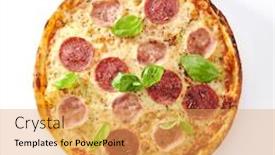  Presentation with italy food - PPT theme with pizza-with-ham-salami background and a yellow colored foreground