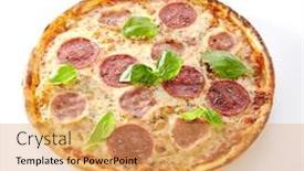  Presentation with italy food - Audience pleasing PPT layouts consisting of pizza-with-ham-salami backdrop and a yellow colored foreground