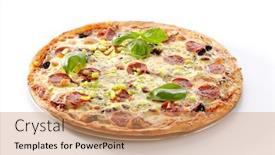  Presentation with italy food - Beautiful presentation design featuring pizza-with-marbled-beef-ham backdrop and a coral colored foreground