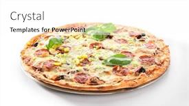  Presentation with italy food - Amazing PPT theme having pizza-with-marbled-beef-ham backdrop and a white colored foreground