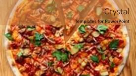  Presentation with barbecue - Slide set with pizza with meat and barbecue sauce shot from above on wooden table background and a gold colored foreground