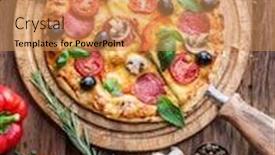  Presentation with mushrooms - Presentation theme featuring pizza with mushrooms salami and tomatoes top view background and a coral colored foreground