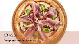  Presentation with traditional wood - Colorful PPT theme enhanced with pizza with parma ham porcini mushrooms mozzarella cheese fresh basil cherry tomatoes pesto and tomato sauce isolated on white background traditional italian whole flatbread on wood top view backdrop and a coral colored foreground