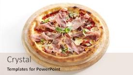  Presentation with traditional wood - Colorful PPT theme enhanced with pizza with parma ham porcini mushrooms mozzarella cheese fresh basil cherry tomatoes pesto and tomato sauce isolated on white background traditional italian whole flatbread on wood close up backdrop and a coral colored foreground