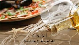  Presentation with wine green - PPT layouts enhanced with pizza with seafood red pepper green olives and bottle of wine on wooden table background and a coral colored foreground