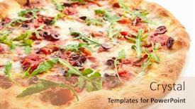 Presentation with pizzeria - Theme having pizza with tuna kalamata olives and sweet pepper closeup pizzeria menu item traditional italian snack isolated on white background unhealthy meal delicious fast food with fish close up background and a coral colored foreground