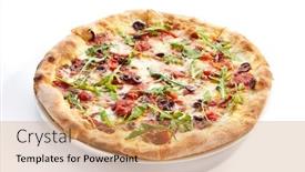  Presentation with pizzeria - PPT layouts enhanced with pizza with tuna kalamata olives background and a coral colored foreground
