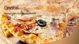  Presentation with meat - Presentation having pizza with various type of meat and black olives background and a coral colored foreground